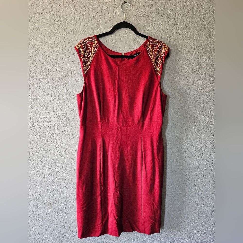 Tahari Red Midi Dress with Beaded Shoulders Size 16